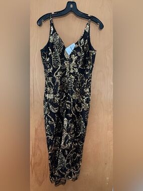 Dress the Population Black and Gold Sequin Midi Dress
